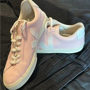 Veja Pink and White Sneakers with Iridescent Finish